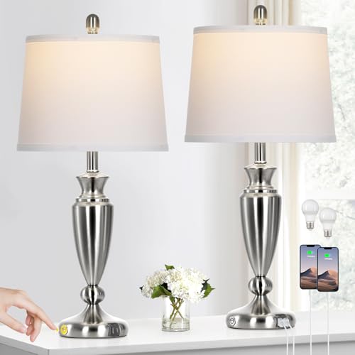 Rinweey Metal Table Lamps Set of 2, 3 Way Touch Control Silver Bedside Lamps with USB A+C Ports, Modern Brushed Nickel Nightstand Lamps for Bedroom Living Room - color: Silver-27"H