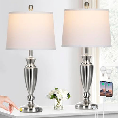 Rinweey Metal Table Lamps Set of 2, 3 Way Touch Control Silver Bedside Lamps with USB A+C Ports, Modern Brushed Nickel Nightstand Lamps for Bedroom Living Room - color: Silver-27"H