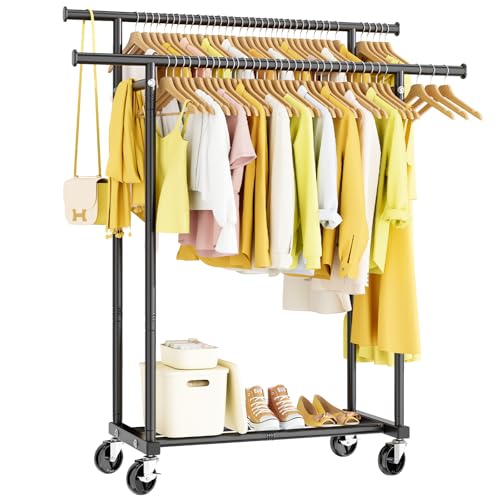HYSEYY Double Rods Clothes Rack, Rolling Clothing Rack for Hanging Clothes Portable Wardrobe Rack, Metal Garment Rack Sturdy Coat Rack for Bedroom Laundry Living Room, Black - color: Black