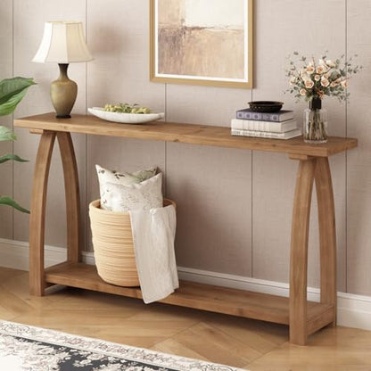 63" Long Solid Wood Console Table, Narrow Behind Couch Sofa Table | with A-Shaped Curved Legs, with Storage Shelf, Farmhouse Entryway Table, Rustic Skinny, for Living Room, Hallway or Foyer