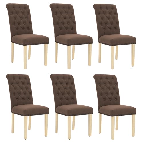 adochr Linen Dining Chairs Set of 6, Armless Parsons Chairs,Dark Brown | Wooden Legs & Tufted Buttons, Upholstered Dining Room Chair for Kitchen/Dining Room/Living Room - color: Dark Brown, size: 6PCS