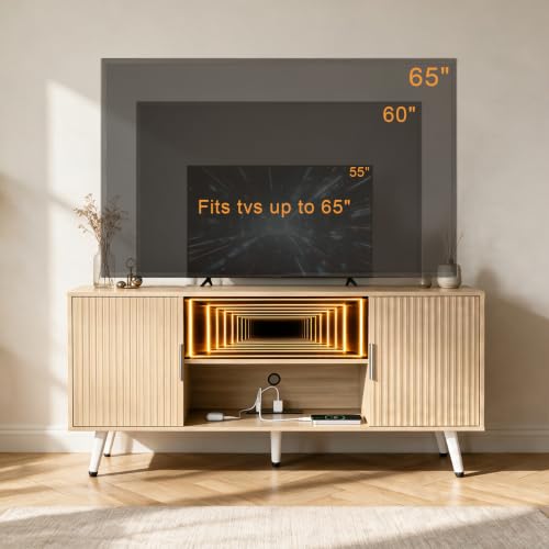 Lightdot 55" Fluted Small Walnut TV Stand with Outlet & Fireplace Light | Media Console with Storage, Mid Century Cabinet Fits 55-65" TV, for Living Room/Bedroom/Sofa Cabinet,Easy Assembly - color: Walnut-mirror/55"