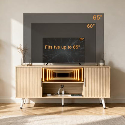 Lightdot 55" Fluted Small Walnut TV Stand with Outlet & Fireplace Light | Media Console with Storage, Mid Century Cabinet Fits 55-65" TV, for Living Room/Bedroom/Sofa Cabinet,Easy Assembly - color: Walnut-mirror/55"