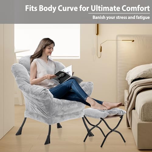 Youtanic Lazy Chair with Folding Ottoman, Accent Chair Plush Upholstered with Metal Structure and Non-Slip Pads, Sofa Armchair with Footrest and Side Storage Bag for Dorm, Room, Office, Light Gray - color: Plush Light Gray