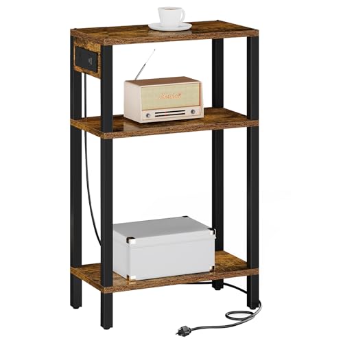 TUTOTAK Narrow Side Table, 3-Tier Small End Table with Charging Station | Skinny Sofa Table, Slim Nightstand, Easy Assembly for Living Room, Bedroom, Brown TB01BB079 - color: Brown, size: 3-tier