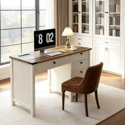 White Farmhouse Desk, 45" Desk with Outlets & File Drawer | At Home Office Desk with Built-in Charging Station, Full Extension Storage for Small spaces, Remote Workers & Students - color: White