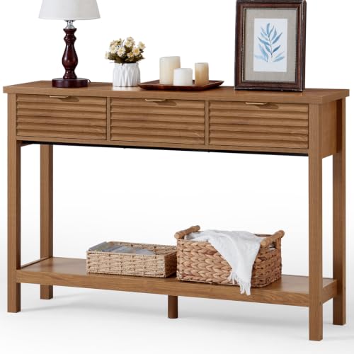 LEYAOYAO 47.2" Fluted Console Table with 3 Drawers, Brown Entryway Table | Modern Wood 2 Tier Entry Table, with Open Storage Shelf, Farmhouse Sofa Table Behind Couch, for Living Room, Hallway, Foyer - color: Tea Brown