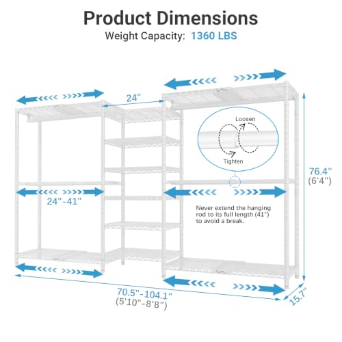VIPEK X3 Plus Large Expandable Closet Rack Wardrobe Closet Organizer White | Freestanding Clothes Racks with Adjustable Shelves and Hanger Rods from 5'10" to 8'8", Large Modular Closet Systems 1360LBS - color: White, size: X3 Plus