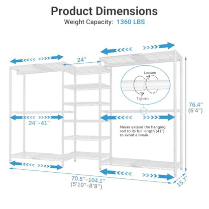 VIPEK X3 Plus Large Expandable Closet Rack Wardrobe Closet Organizer White | Freestanding Clothes Racks with Adjustable Shelves and Hanger Rods from 5'10" to 8'8", Large Modular Closet Systems 1360LBS - color: White, size: X3 Plus