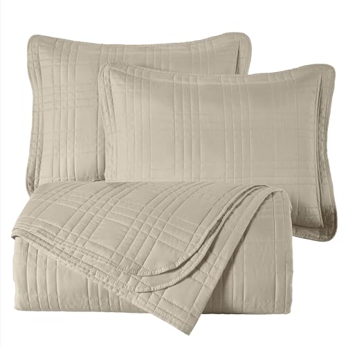 Chezmoi Collection Kingston Queen Size Bedspread Set, 3-Piece Khaki Oversized Quilted Microfiber Lightweight Bedspread Coverlet (100"x106") for All Seasons - color: Khaki, size: Queen