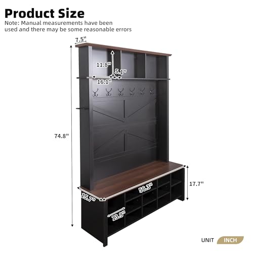 JIVOIT Farmhouse Retro Style Hall Tree, Multi-functional 4-in-1 Design Hall Tree, Practical Walnut Entryway Bench with Adjustable Shelves, Shoe Organizer with 16 Open Compartments for Entryway - color: Black/07
