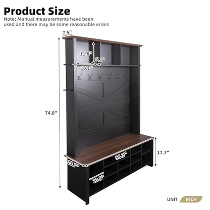 JIVOIT Farmhouse Retro Style Hall Tree, Multi-functional 4-in-1 Design Hall Tree, Practical Walnut Entryway Bench with Adjustable Shelves, Shoe Organizer with 16 Open Compartments for Entryway - color: Black/07