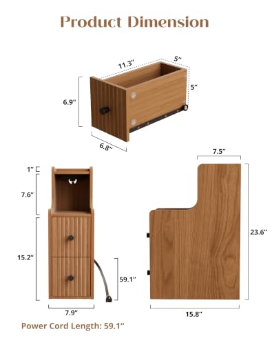 Narrow Nightstand Set of 2 with Charging Station for Small Bedroom | Open Shelf and 2 Drawers, For Small Space, Living Room, Bedroom or Sofa Side Use, Wood Grain Look, Raised Tray Top