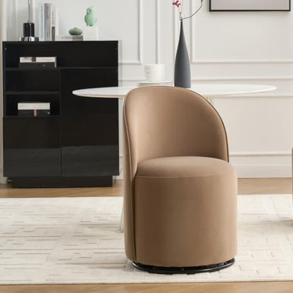 Penau Swivel Dining Chair, Velvet Barrel Seat, Brown | Velvet Upholstery, 360 Degree Swivel, Curved Backrest, Compact Seating For Dining Room And Vanity