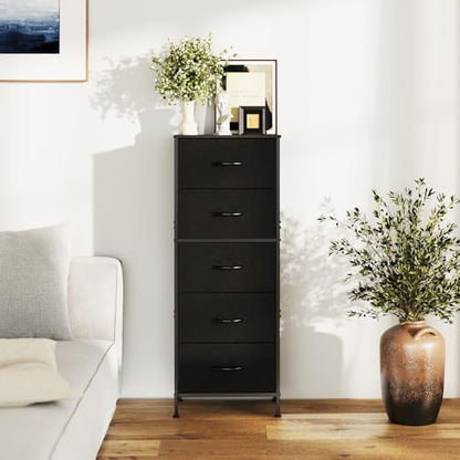 DUMOS Nightstand with 5 Drawers, Bedside Table with Removable Fabric Bins, Sturdy Steel Frame Wood Top Skinny Dresser for Bedroom Closet Living Room, Black - color: Black, size: 15.7"D x 11.8"W x 47.7"H (5 Drawers)