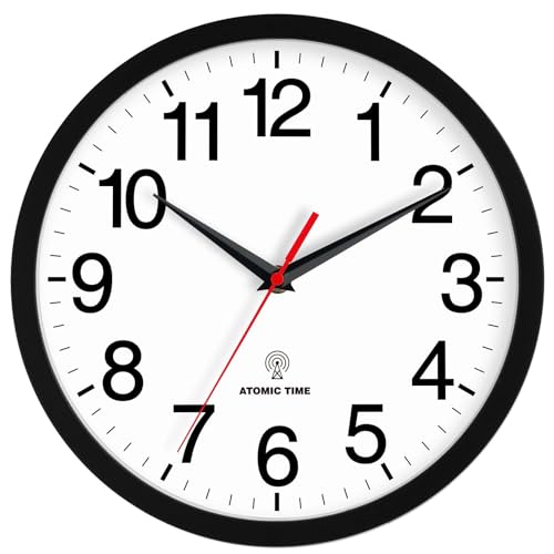 Wall Clock Analog 12 Inch Atomic Battery Operated Silent Clock | Black, Easy To Read, Non Ticking, Round, Accurate, Kitchen, Living Room, Classroom, Office, School - color: Atomic_black, size: 12 Inch