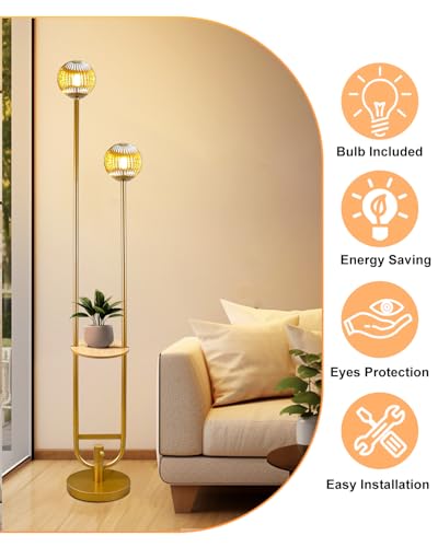 Lightdot Glass Floor Lamp with Tray Mid Century Modern Standing Lamps 3000K Warm White Bulbs Included Gold Dimmable Globe Floor Lamp with 5Lbs Heavy Base for Living Room/Wedding/Party//Sofa Beside - color: 2 Brown Globe-Gold