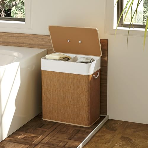 HOMCOM Double Laundry Basket with Lid 26.4 Gallon Bamboo Hamper Brown | Rope Handles, Clothes Hamper, Removable Liner, Bathroom, Bedroom - color: Brown