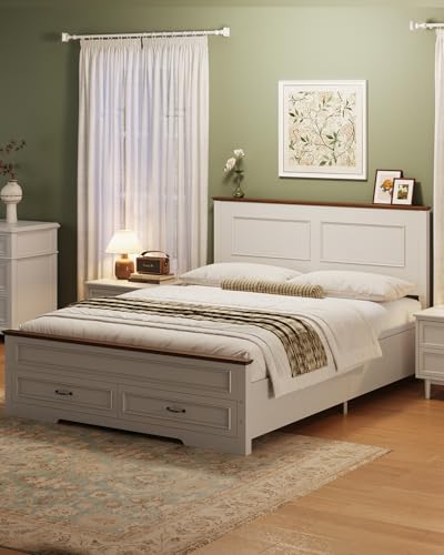 Yoobure Farmhouse Queen Bed Frame - Platform Bed Frame Queen Size with Headboard, Wood Beds with Storage Drawers, Wooden Bedframe with 18" Tall Footboard, No Noise, No Box Spring Needed, White - size: Queen (U.S. Standard)