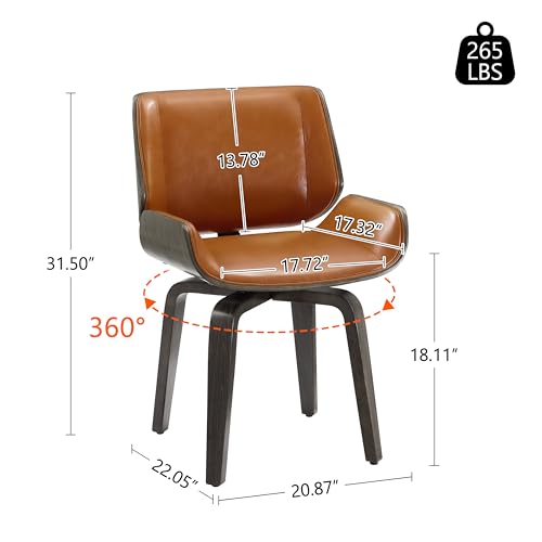 Mid Century Swivel Desk Chair No Wheels, Grey Oak Bentwood, Brown | Faux Leather, Solid Wood Legs, 360° Swivel, High-Density Foam, Adjustable Foot Pads, Home Office, Bedroom, Dining Room - color: Brown, size: Style A