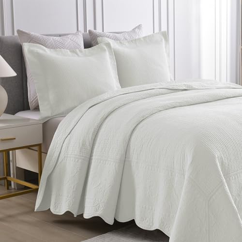 MarCielo 3-Piece 100% Cotton Oversized Bedspread Lightweight Quilt Coverlet Embroidery Farmhouse Bedding Set (TG Bright White, Oversized Queen (100"x106")) - color: Tg Bright White, size: Oversized Queen (100" x 106")