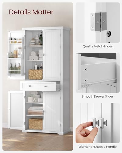 VASAGLE Pantry Cabinet, Freestanding Tall Cupboard with a Drawer | Freestanding cupboard with 2 cabinets, 4 adjustable shelves, 6 door shelves, White, UBBC561P31V2 - color: White, style: Modern