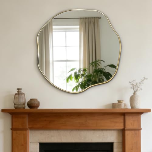POZINO Scalloped Irregular Wall Mirror, 30" Asymmetrical Frameless Art Deco Mirror, Gold Wavy Decorative Accent Mirrors for Entryway Bedroom Fireplace Living Room, Horizontal or Vertical Hanging - color: Gold, size: 30"L x 30"W