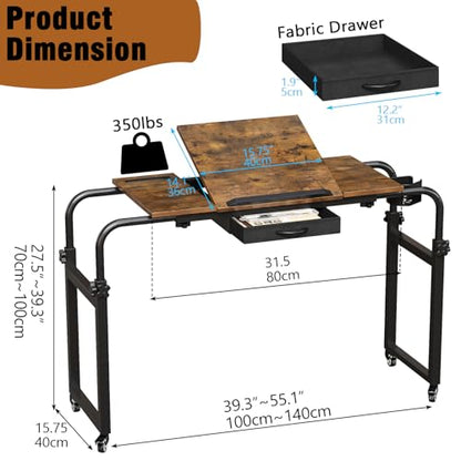 GiftGo Overbed Table with Wheels Rolling Laptop Desk Cart Table for Recliner Over Chair Adjustable for Hospital and Home Use Over The Bed Table with Storage Drawer and Cup Holder (Rustic Brown) - color: Rustic Brown