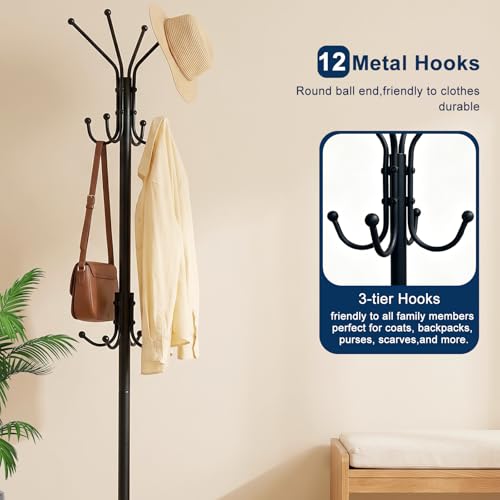 Freestanding Coat Rack with 12 Hooks,Modern Coat Stand with Wood Base for Entryway, Bedroom, Office, 3 Adjustable Height Coats Hanger Stand for Coats, Hats, Handbags and Scarves, Black