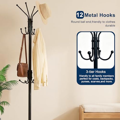 Freestanding Coat Rack with 12 Hooks,Modern Coat Stand with Wood Base for Entryway, Bedroom, Office, 3 Adjustable Height Coats Hanger Stand for Coats, Hats, Handbags and Scarves, Black
