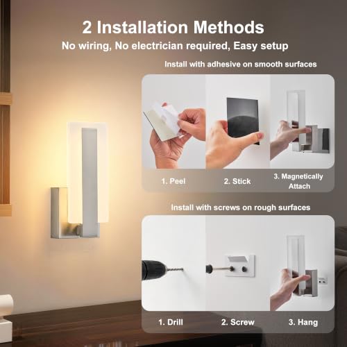 KARTOOSH Battery Operated Modern Wall Sconce Set of Two, Nickel | Rechargeable Wireless Wall Light with Remote Control, Dimmable 3 CCT, Timer, Night Mode, for Hallway, Bedroom, Living Room - color: Nickel