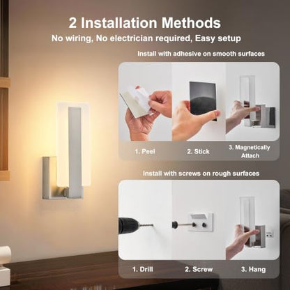 KARTOOSH Battery Operated Modern Wall Sconce Set of Two, Nickel | Rechargeable Wireless Wall Light with Remote Control, Dimmable 3 CCT, Timer, Night Mode, for Hallway, Bedroom, Living Room - color: Nickel