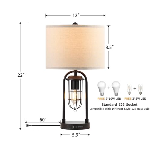 Kyrid Set of 2 Table Lamps with USB Ports and Night Light Farmhouse Nightstand Lamp for Living Room Bedroom（Bulbs Included）
