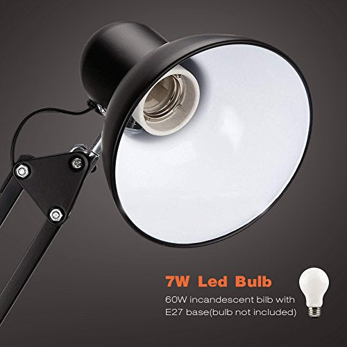 PowerKing Metal Swing Arm Desk Lamps, Adjustable Architect Lamp, Black | Metal Material, Adjustable & Flexible, Fits E26 E27 Bulbs, 2-in-1 Design, Eye-Caring Reading Light, for Home & Office - color: Black