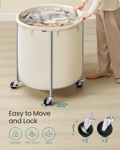 SONGMICS Laundry Basket, Rolling Steel Frame with 2 Locking Wheels, 240 L | Heavy-Duty Laundry Hamper Cart with Removable Bag, Cream White and Metallic Silver, URLS012W01 - color: Cream White + Metallic Silver, size: 240 L (2-Section)