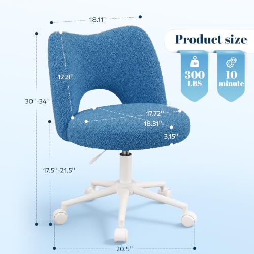 DurayLoly Vanity Chair with Wheels,Soft Teddy Fabric 6" Thick Cushion, Height Adjustable 17.5"–21.5", Open Back, 360° Swivel for Vanity Table, Home Office Dark Blue - color: Dark Blue