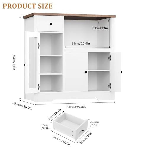GarveeHome Kitchen Microwave Cabinet with Storage and Drawers, White | Modern Small Buffet Cabinet, Glass Doors, Adjustable Shelf, Wooden Sideboard, Wide Top, for Dining Room, Living Room - color: White