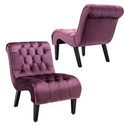 Velvet Armless Accent Chair, Purple, Durable, Adjustable, Stylish | Modern Small Lounger for Living Room, Upholstered Reading Chaise Lounge with Solid Rubber Wood Legs, Purple - color: Purple, size: Set of 2