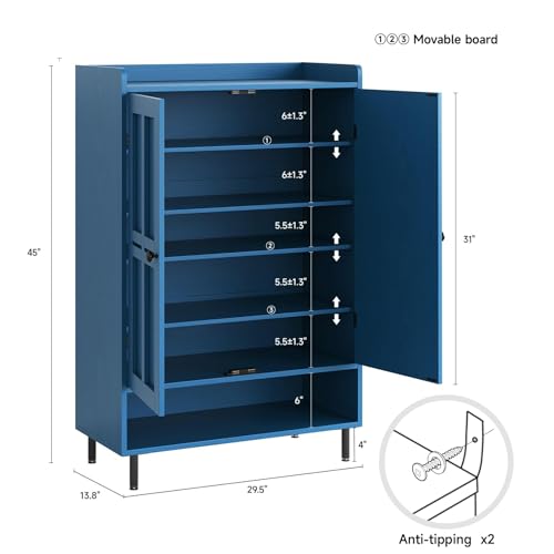 Shoe Cabinet with Cross Molding Doors, 6-Tier Storage, Blue | 45'' Tall Shoe Storage Organizer with 3 Adjustable Shelves & Metal Legs, Freestanding Wood Shoe Rack for Entryway, Front Door - color: Blue
