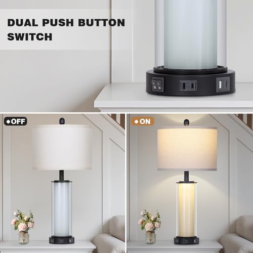 Black Glass Table Lamps Set of 2, 26" Living Room Lamp with Built-in Frosted Glass Night Light, Modern Bedroom Lamp with USB C+A Ports & AC Outlet, Bedside Lamps for Nightstand (4 Bulbs Included) - color: Black