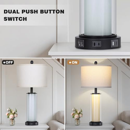 Black Glass Table Lamps Set of 2, 26" Living Room Lamp with Built-in Frosted Glass Night Light, Modern Bedroom Lamp with USB C+A Ports & AC Outlet, Bedside Lamps for Nightstand (4 Bulbs Included) - color: Black