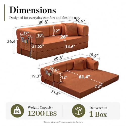 GEARIVY Folding Sofa Bed Convertable Corduroy Couch King Size Floor Sleeper 4-in-1 DIY Combination Modular Sofa Fold Out Futon Lounge Comfy Foldable Lazy cama for Living Room - color: Orange, size: 80.3 inch sofa
