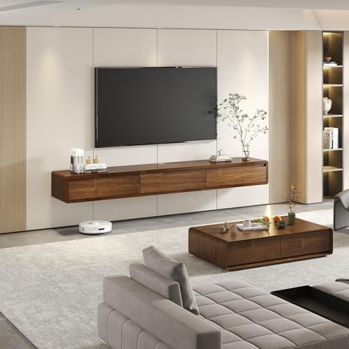 Fully-Assembled Minimalist Floating TV Stand, Modern Wall Mounted TV Console with Cable Management, Scratch-Resistant Solid Wood Media Cabinet for Living Room and Bedroom (Walnut, 78.7in) | Walnut Finish. Supports 200lbs, hidden cable management & storage