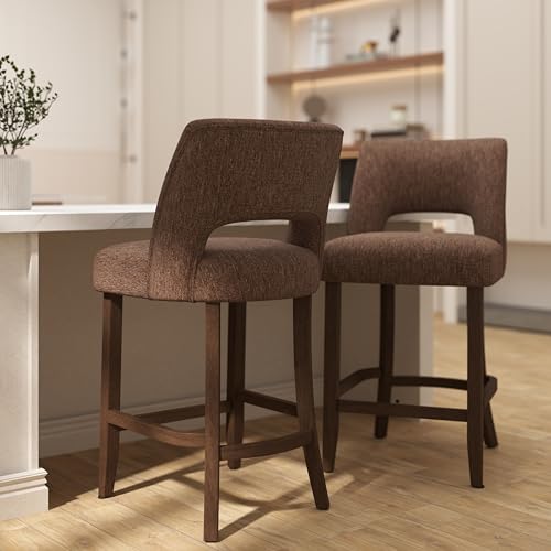 VKNOW Bar Stools Set of 6, 26" Fabric Counter Height Bar Stools, Brown | Modern Upholstered Counter Stools with Rubberwood Legs for Kitchen Island Dining Room Bar - color: Brown, size: Set of 6