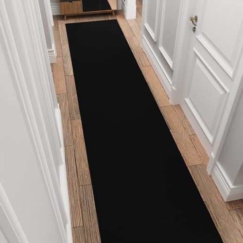 Ottomanson 3x16 Extra Long Hallway Runner Rug – Stair Carpet Runner | 16ft Non-Slip Rugs Runner for Living Room, Bedroom, Entryway – Black Solid Thin Bathroom Floor Mat, 31" x 16' - color: Solid Black, size: 2'7" x 16' (31" Wide)