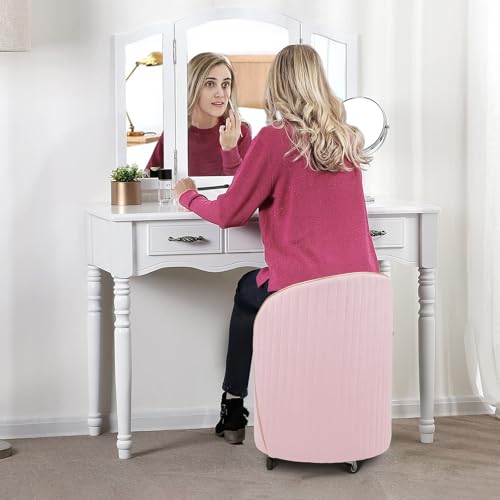 Round Storage Ottoman, Upholstered Velvet Vanity Stool with Lumbar Support, Swivel Rolling Wheels, Small Foot Stools Coffee Table Padded Seat for Makeup Room, Living Room, Bedroom (Pink) - color: Pink