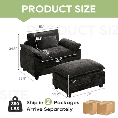53" Modular Sectional Sofa, Comfy Deep Cloud Couch with Ottoman | Couches for Living Room, Sofa Bed, Modular Couch, Deep and Wide Seat, Chenille Sofa Sleeper with Throw Pillows, Black - color: Black, size: 53 Inch 2