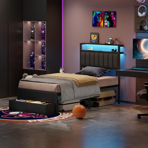 Twin Bed Frames with Storage Drawers and Upholstered Headboard | Metal Platform Bed with Charging Station, LED Lights, 2 Tier Shelves, Fabric Drawers. No Box Spring Needed, Noise Free, Grey - size: Twin