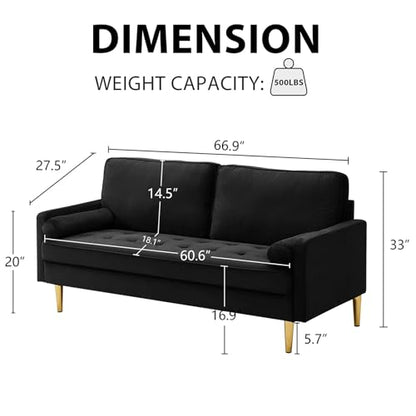 65" Love Seat Sofa, Velvet Small Sofa Small Couch for Bedroom Living Room, Bedroom, Loveseat with 2 Pillows, Gold Legs, Modern Tufted Seat Upholstered Seating for Office, Apartment (Black) - color: Black