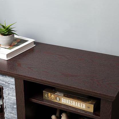 70 inch TV Stand for 75 inch TV, Cherry Wood Media Console with Faux Stacked Stone Surround, Large Entertainment Center with Storage Cabinets and 6 Cable Management Holes for Living Room - color: Cherry